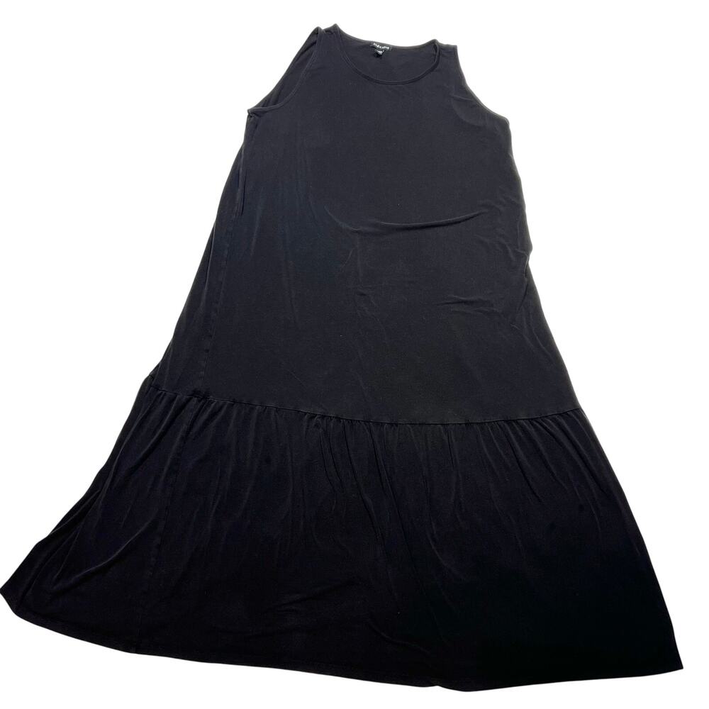 Eileen Fisher Linen Scoop Neck Tiered Jersey Dress Women Large Black